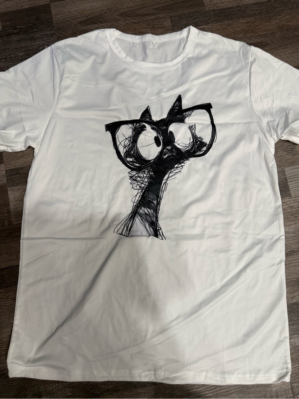 White Graphic Tee with Black Scribble Cat Design